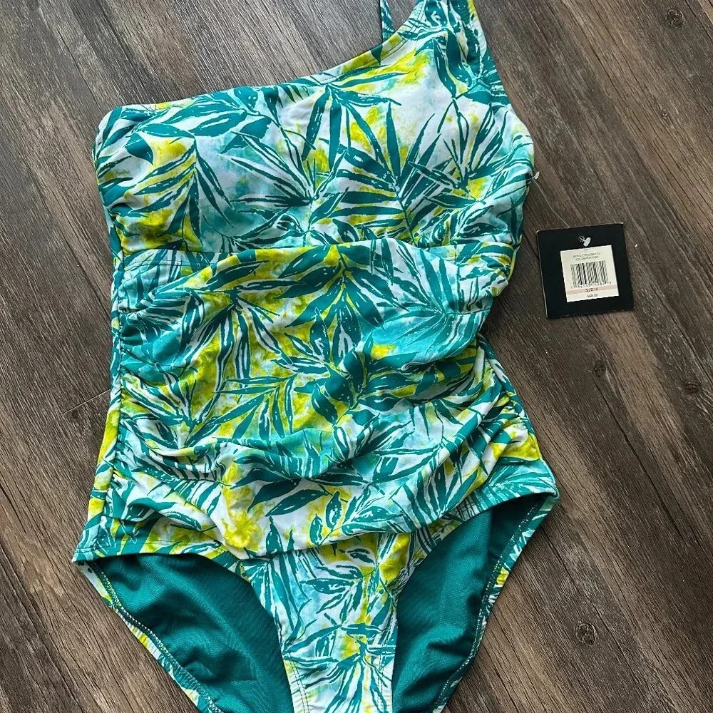 Tropical One-Shoulder Ruched Swimsuit – Green & Yellow Palm Print – Size 10c